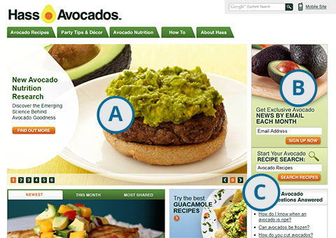 Screenshot of AvocadoCentral.com home page with callouts